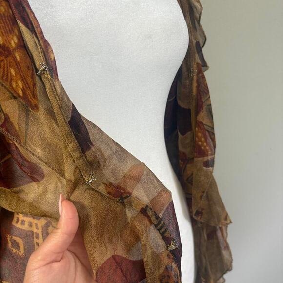 VTG 90s Sz 14 Sheer Earthy Cardigan Shrug Ruffle Trim Cover Up Leopard Print - Picture 3 of 7